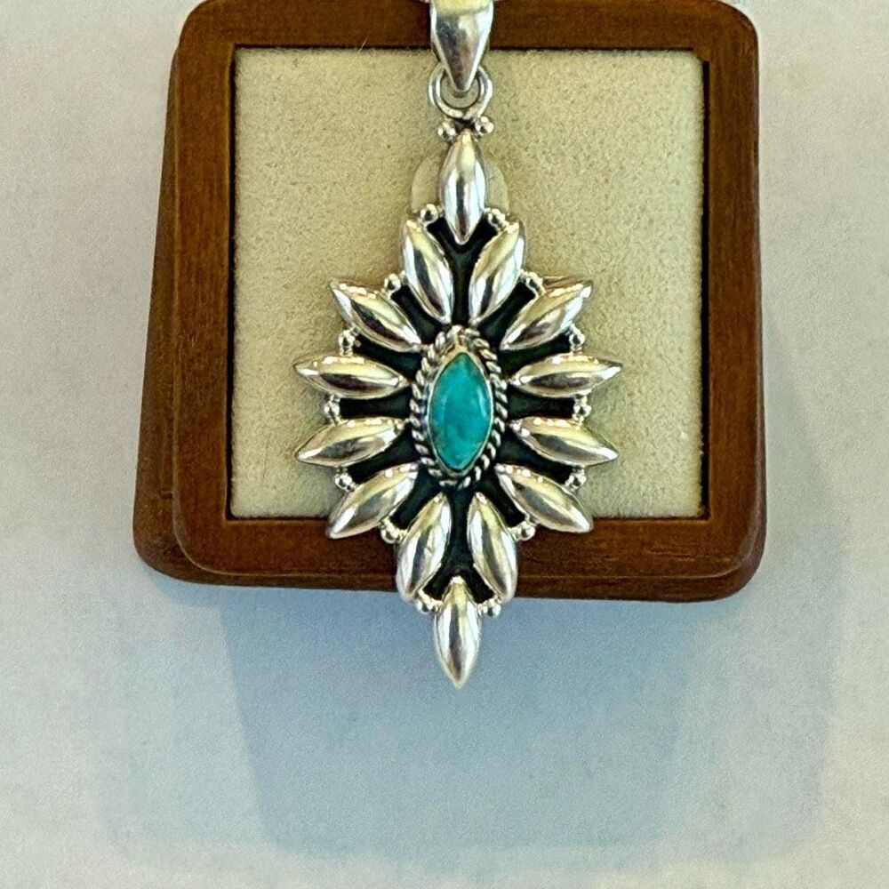 Vintage Estate Turquoise Sterling Silver Necklace Pendant Large Floral Framed